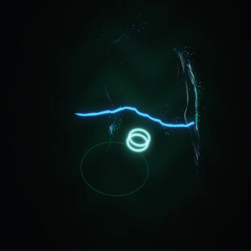 A clean cyan melody line crosses a sparse field of particles.